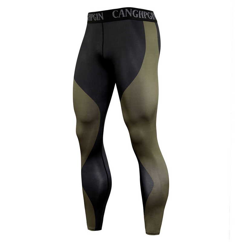 Men's compression sports leggings for running, made of polyester, spandex, and bamboo fiber, in black and olive design, SF0948.