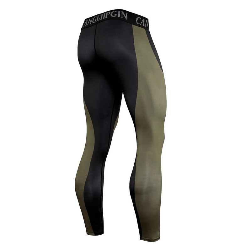Men's compression sports leggings in black and olive hues, perfect for running and training with superior comfort and elasticity.