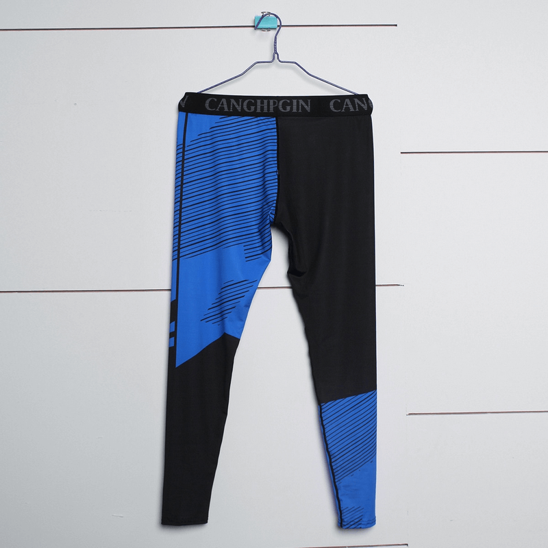 Men's compression sports leggings in black and blue color hanging on a hanger, made from stretchy polyester, spandex, and bamboo fiber.