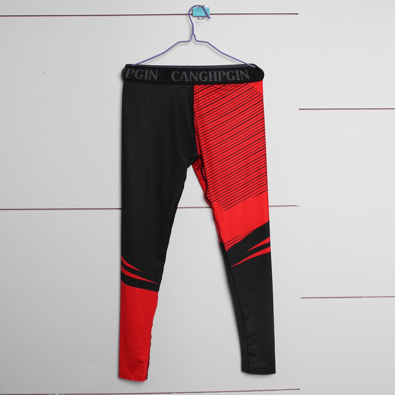 Men's red and black compression sports leggings for running and training, featuring super elastic, anti-pilling, and anti-shrink fabric.