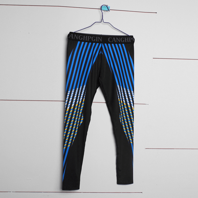 Men's Compression Sports Leggings for Running - SF0948 with blue and black pattern, perfect for training, offers flexibility and comfort.