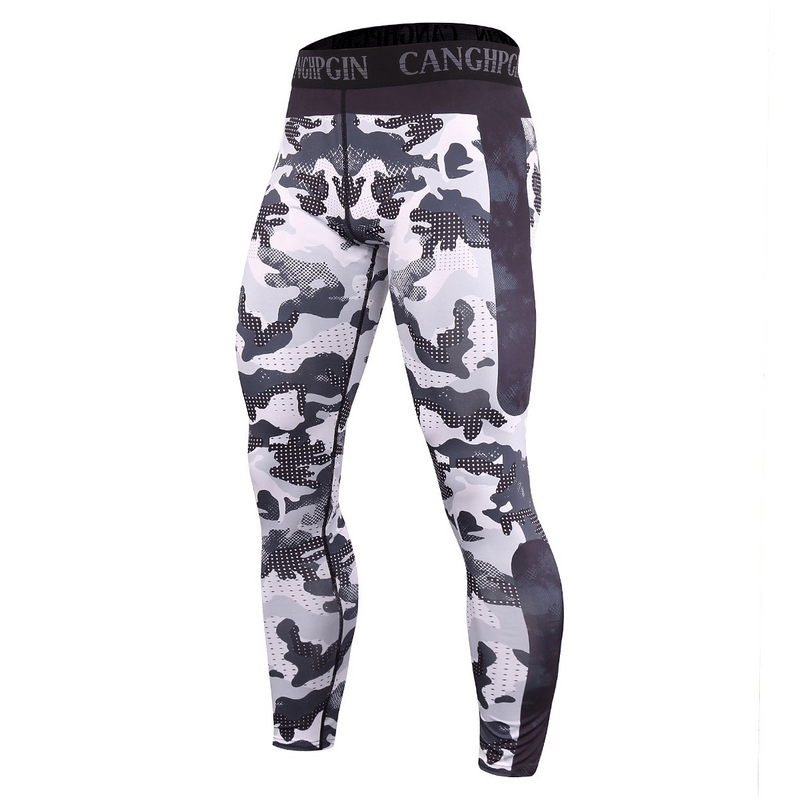 Men's camo compression sports leggings for running and training, featuring elastic fit in polyester-spandex-bamboo blend.