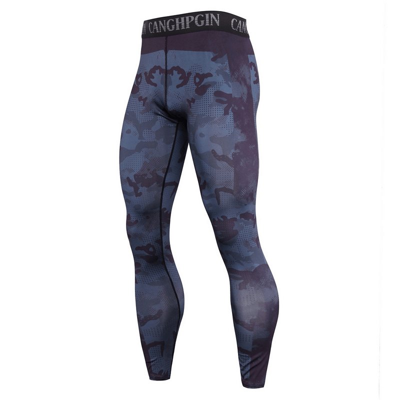 Men's compression sports leggings in blue camo pattern, ideal for running and training with blend of polyester, spandex, bamboo.