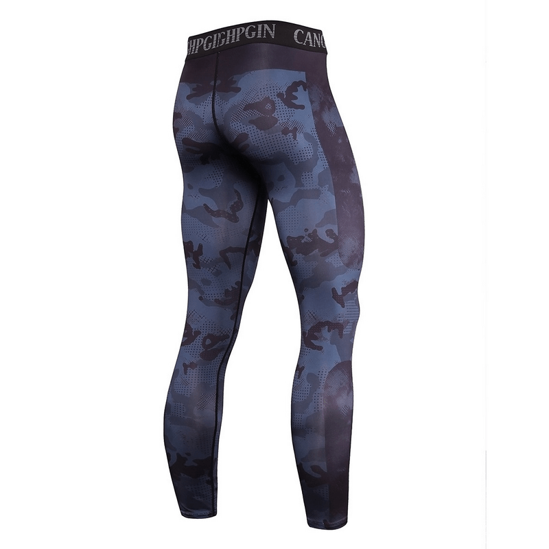 Men's compression sports leggings in a blue camo pattern, designed for running and training with superior comfort and flexibility.