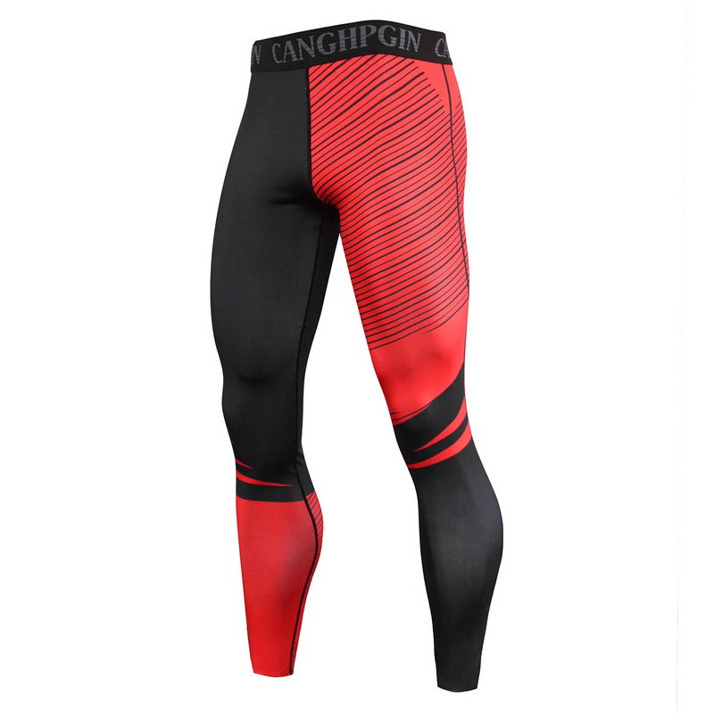 Men's red and black compression sports leggings for running and training, featuring super elastic fabric for comfort and flexibility.