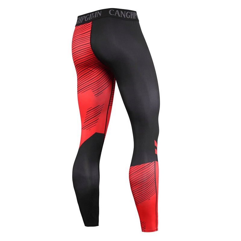 Men's compression sports leggings in black and red with a snug fit for running and training, featuring elastic and durable fabric.