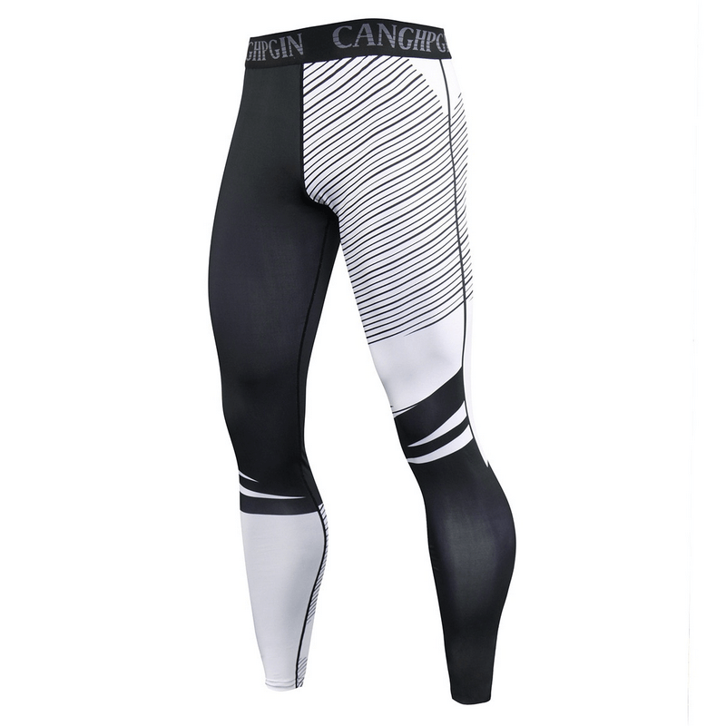 Black and white men's compression sports leggings for running and training with elastic fabric for comfort and flexibility.