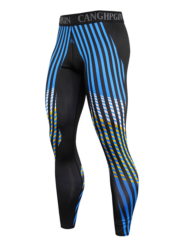 Men's compression sports leggings for running, SF0948, with a blue and black striped design, made of polyester, spandex, bamboo fiber.