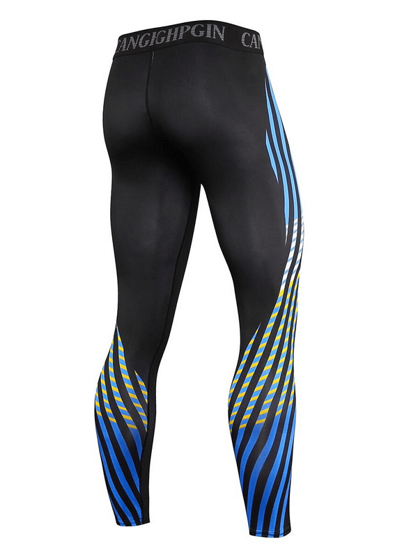 Men's compression sports leggings with blue and yellow stripes, featuring superior comfort, flexibility, and full range of motion for training.