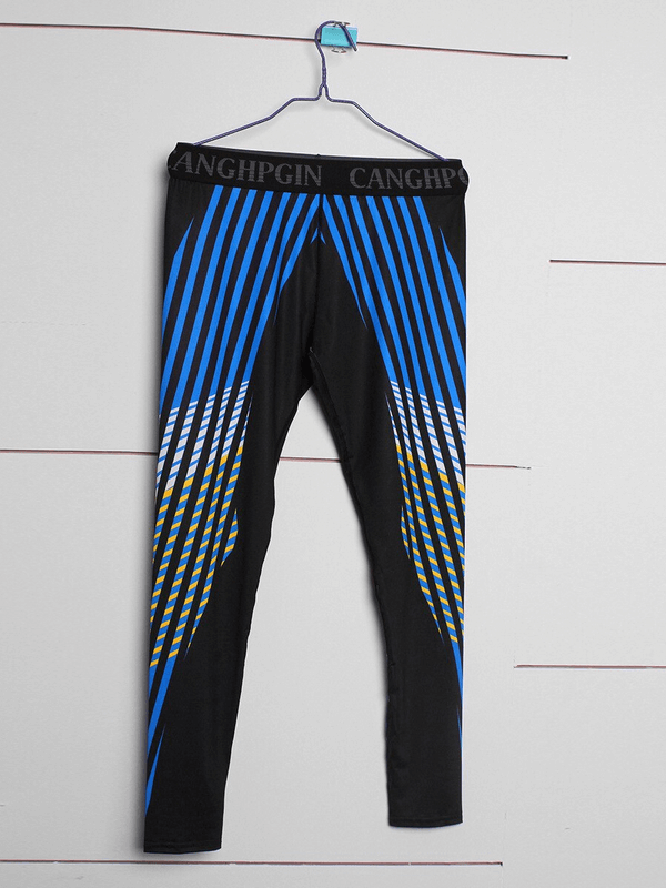 Men's compression sports leggings SF0948 with vibrant blue and white stripes, ideal for running and training, hung on a hanger.