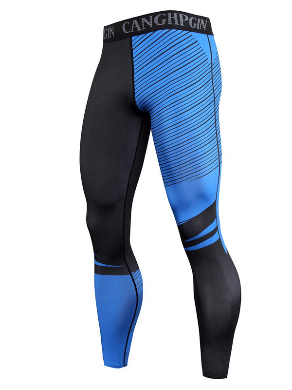 Stylish men's compression leggings in black and blue for running and training, model SF0948, featuring superior comfort and flexibility.