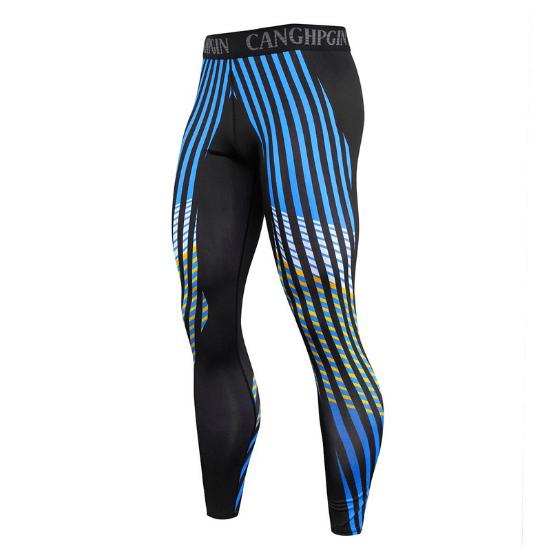 Men's compression sports leggings for running, blue and yellow striped design, elastic fit, SF0948, made with polyester and spandex.
