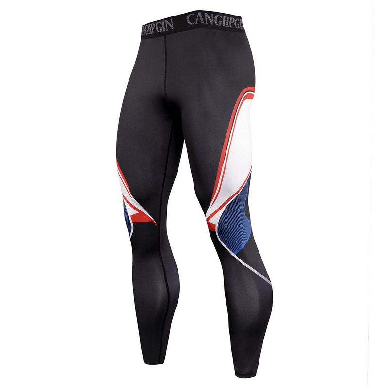 Black men's compression sports leggings with red, white, and blue accents for running and training - model SF0948.
