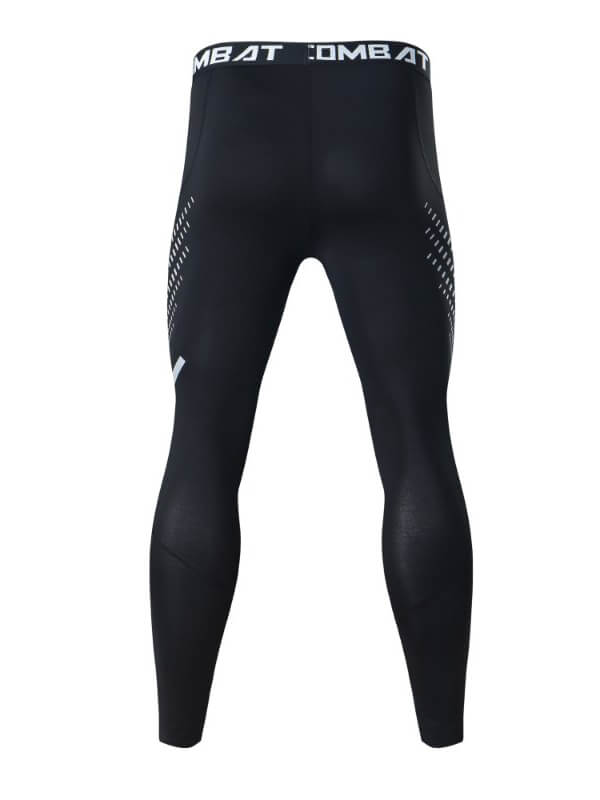 Men's black compression leggings with printed pattern, ideal for sports and running. Polyester-spandex blend for muscle support.