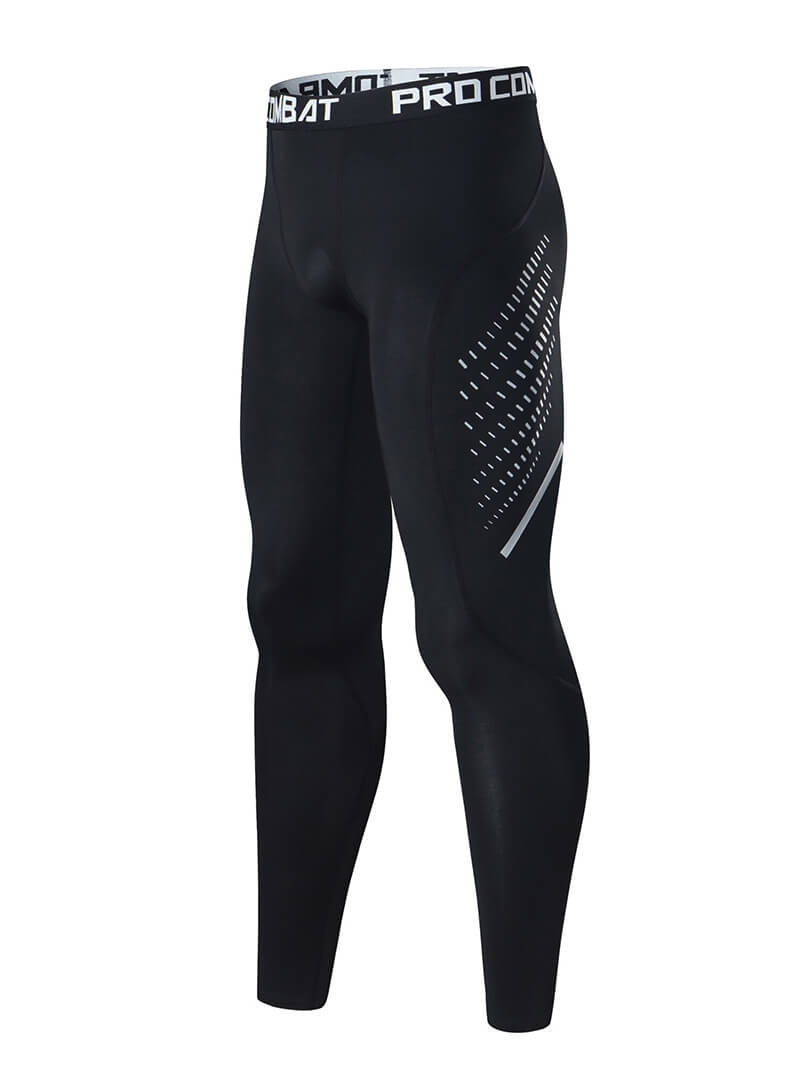 Men's compression tight leggings for sports, SF0862, black with a stylish print, polyester-spandex blend, full-length fit.