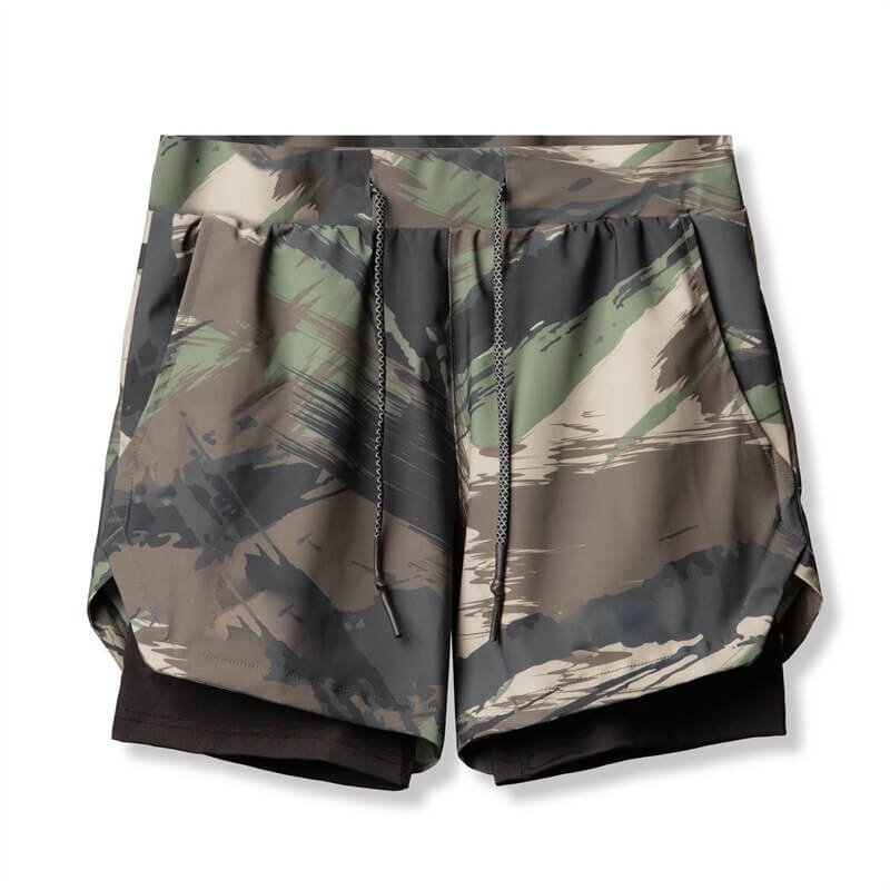 Men's camo double-layer sports running shorts with pockets and drawstring closure for maximum performance and style. Model SF1105.