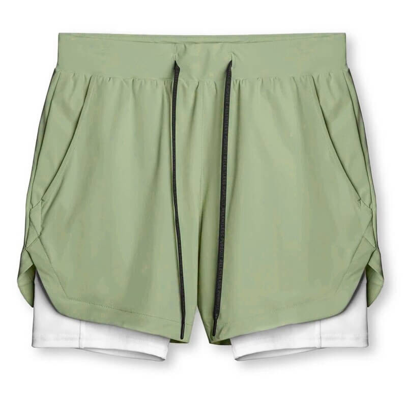 Men's double-layer sports running shorts with pockets, green with white underlayer, perfect for active wear and training.