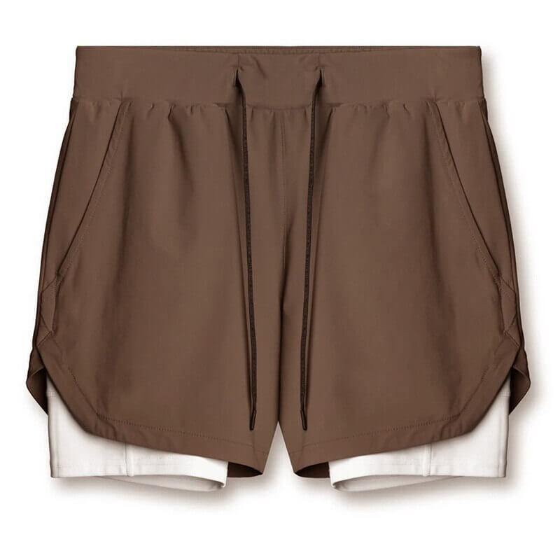 Men's brown double-layer running shorts with pockets and drawstring, perfect for sports and training. Made of breathable polyester fabric.