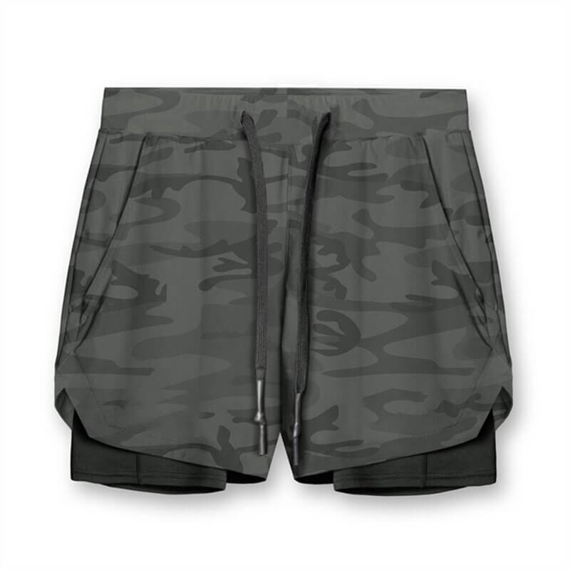 Camouflage men's double-layer running shorts with pockets and drawstring closure for active comfort and style, product code SF1105.