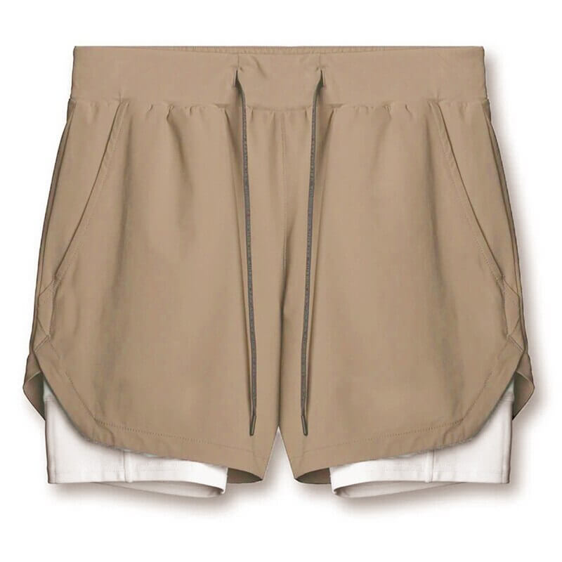 Men's double-layer sports running shorts with pockets in beige, featuring a drawstring and breathable polyester fabric for active comfort.