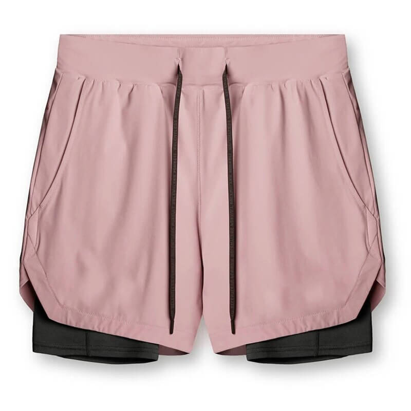 Men's double-layer running shorts with drawstring and pockets in light pink and black, SF1105, breathable polyester for sport activities.