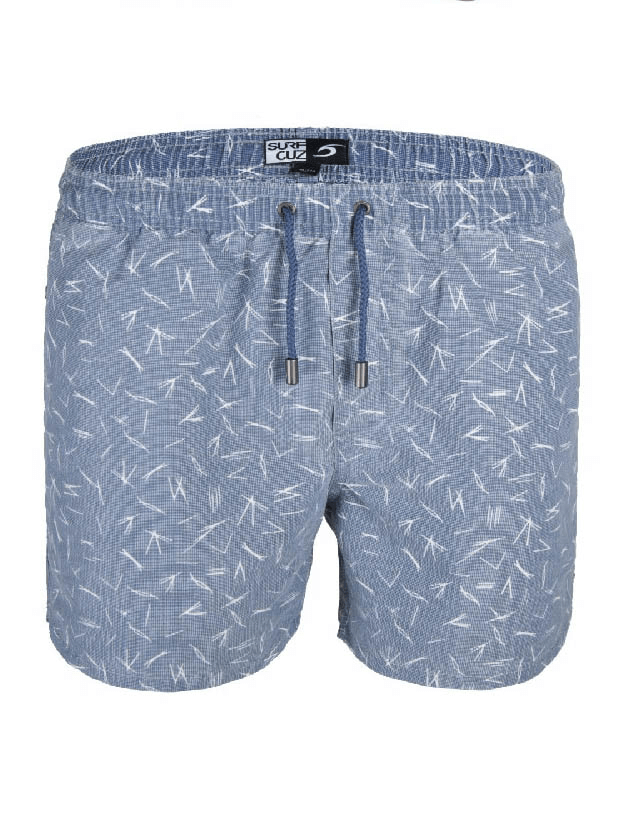 Men's elastic waist swim board shorts in blue without mesh lining, quick-drying and designed for comfort and flexibility, style SF0811.