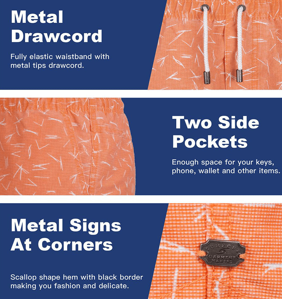 Orange men's swim board shorts with metal drawcord, two side pockets, and metal signs at corners for style and function.