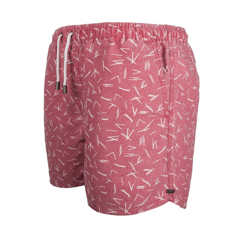 Men's red elastic waist swim board shorts without mesh lining, featuring a stylish abstract pattern, perfect for beach activities.