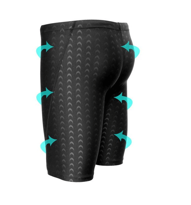 Men's black quick-dry swim shorts with arrow pattern showcasing flexibility and comfort for water sports.