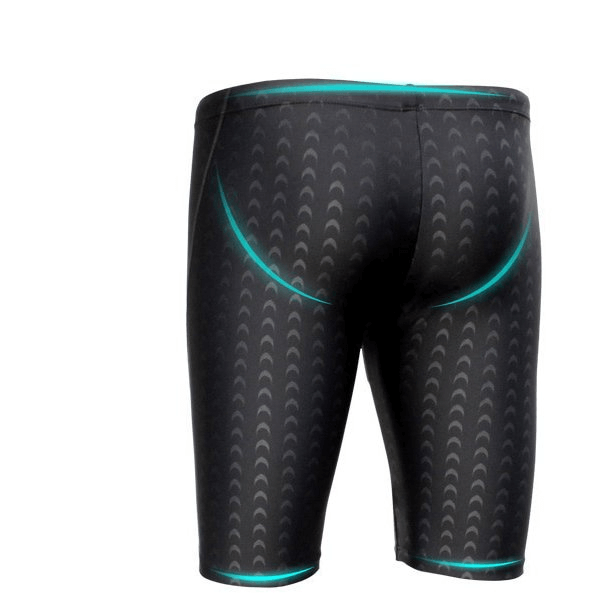 Men's elastic quick dry swimming shorts with water repellent fabric and patchwork design, back view. Perfect for water sports.