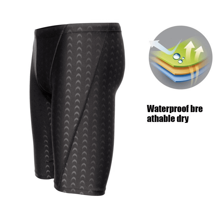 Men's quick dry water repellent swim shorts with elastic waist, black patchwork design, ideal for water sports, SF1111.