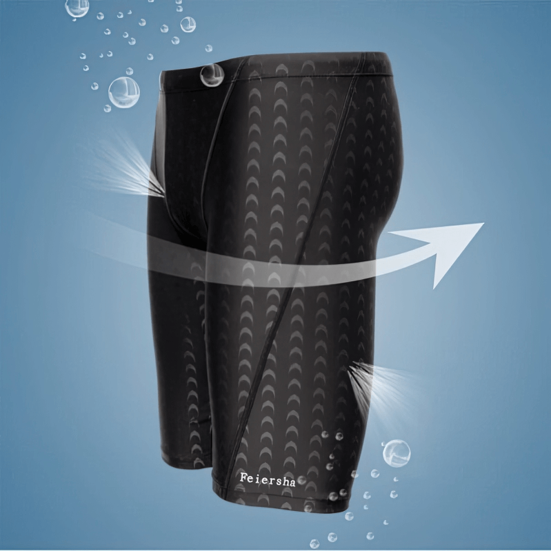 Men's elastic water-repellent quick-dry swimming shorts with patchwork pattern and arrow graphics indicating airflow.