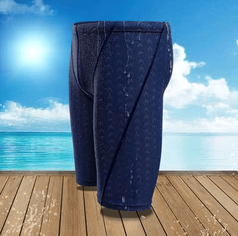 Men's elastic quick-dry swimming shorts with waterproof material, perfect for water sports, showcased by the beach.
