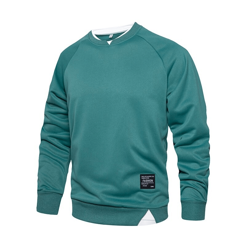 Men's green fake two-piece sweatshirt with long sleeves and O-neck, featuring stylish patchwork, ideal for everyday sporty wear.