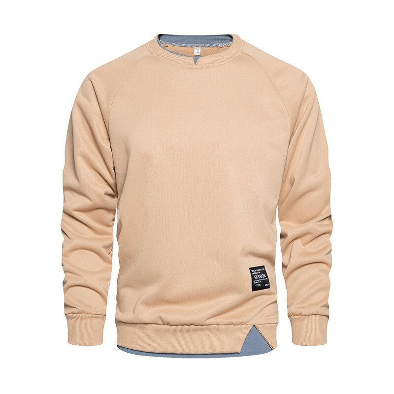 Men's beige fake two-piece sweatshirt with long sleeves and stylish patchwork detail, made from durable polyester for comfort and style.