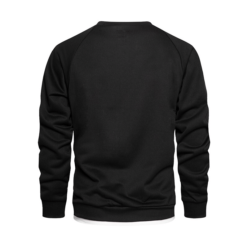 Black men's fake two-piece sweatshirt with long sleeves and classic O-neck, featuring stylish patchwork for a trendy look.