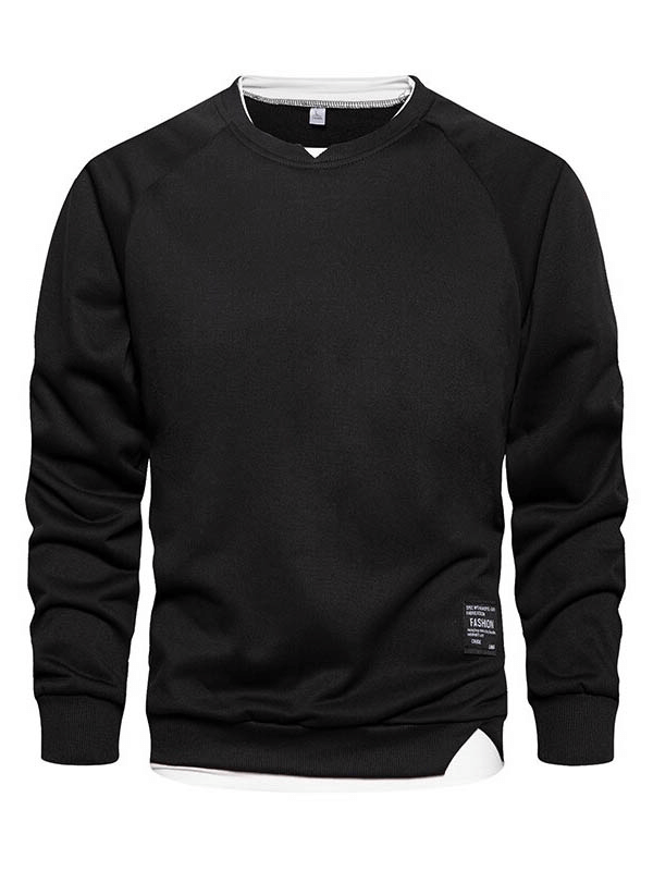 Men's black fake two-piece sweatshirt with long sleeves, O-neck, and stylish patchwork. Perfect for casual wear.