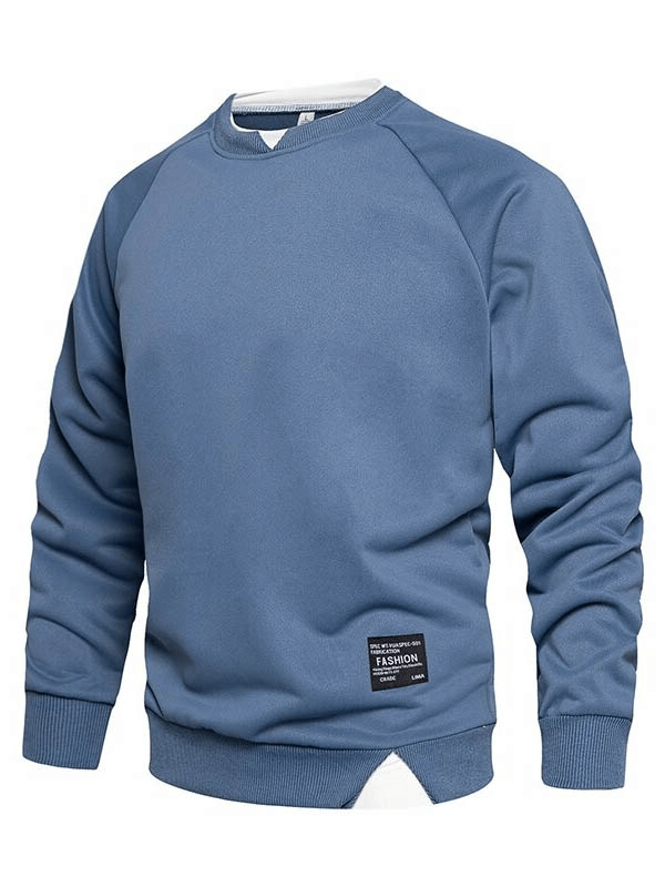 Men's blue fake two-piece sweatshirt with long sleeves, O-neck, and stylish patchwork. Perfect for athletic and casual wear.