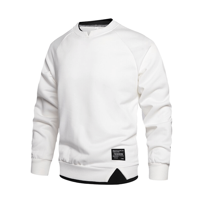Men's fake two-piece white sweatshirt with O-neck and stylish patchwork, perfect for sports and casual wear.