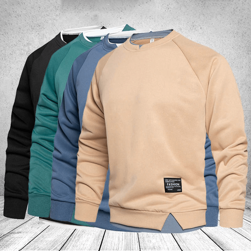 Men's fake two-piece sweatshirts in various colors, showcasing stylish patchwork and classic O-neck design.