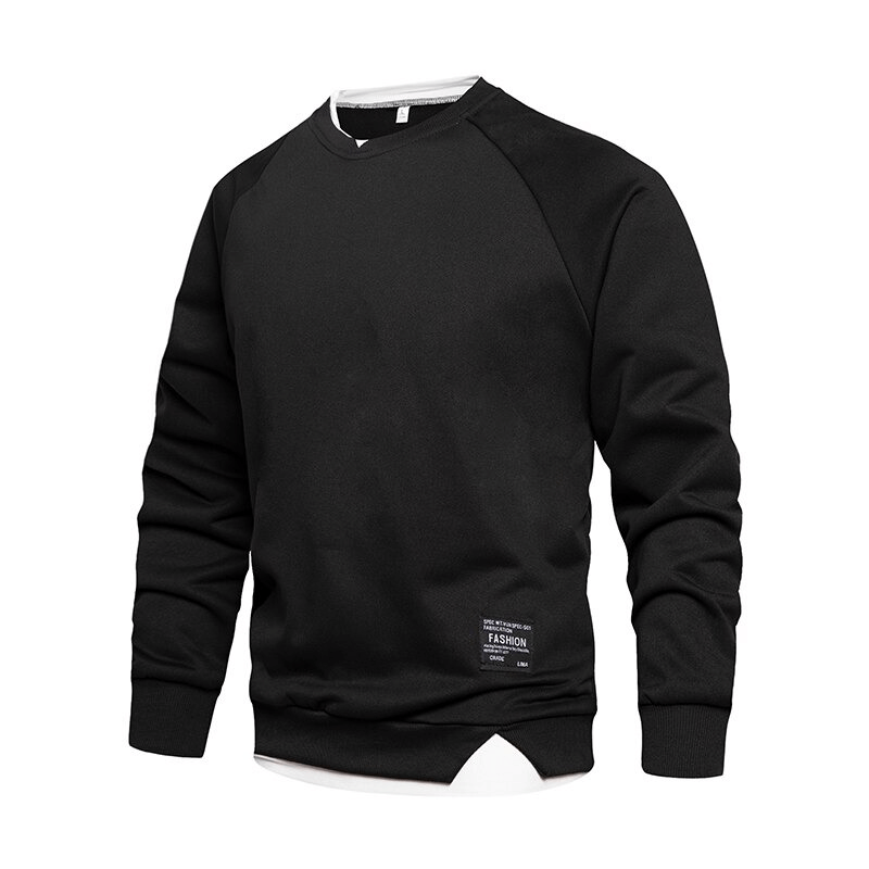 Men's black fake two-piece sweatshirt, long sleeves, patchwork design, made of high-quality polyester, classic O-neck style.
