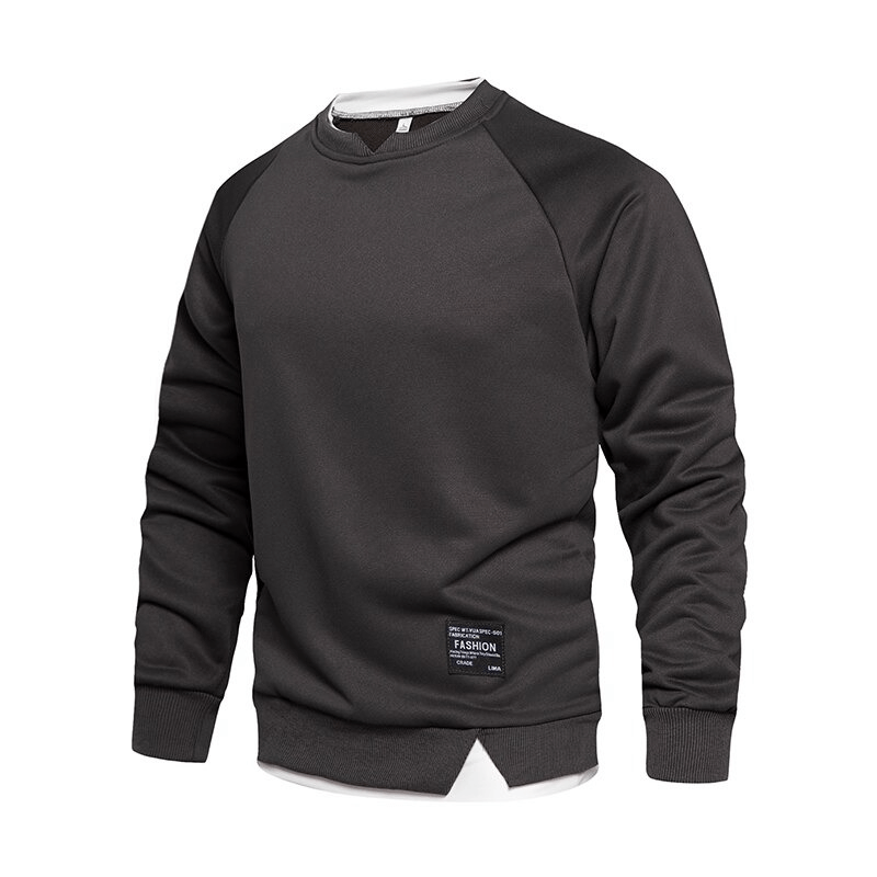 Men's Fake Two-Piece Sweatshirt with long sleeves and O-neck in solid black, featuring stylish patchwork and comfortable fit for everyday wear.