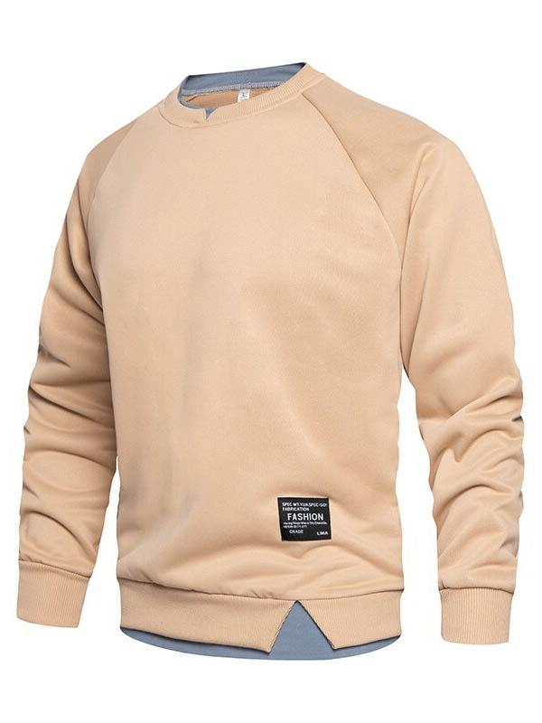 Men's beige fake two-piece sweatshirt with long sleeves, O-neck, and patterned patchwork detail for a stylish, comfortable look.