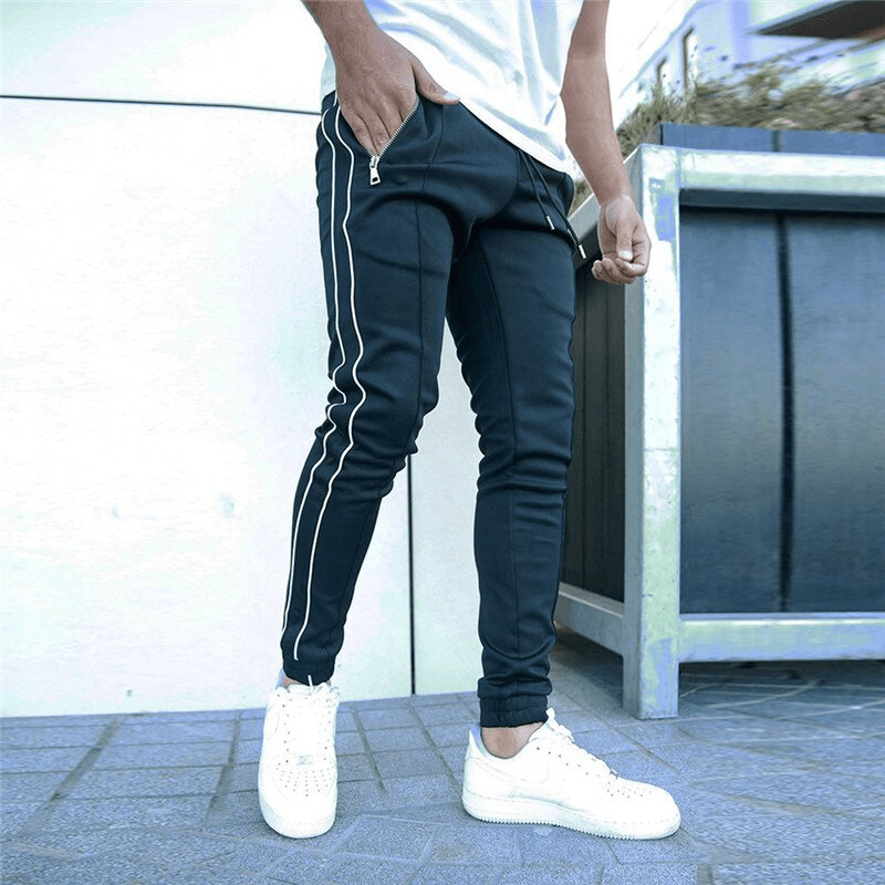 Men's Fitness Drawstring Elastic Trousers with Zipper Pockets - SF1104