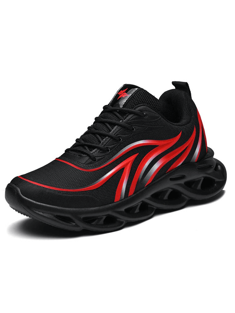 Men's flame printed lace-up sneakers with breathable mesh, rubber upper, black and red design, ideal for outdoor sports - SF0718.