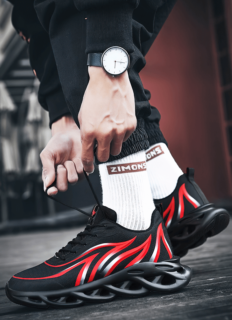 Men's flame printed lace-up sneakers for outdoor sports, featuring breathable mesh, rubber design, and shock-absorbing insole.