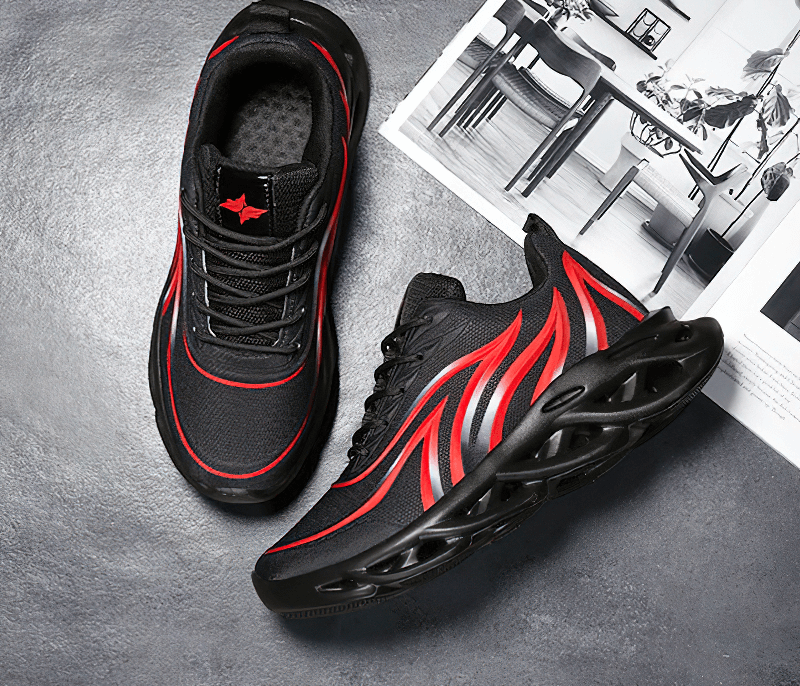 Men's flame printed lace-up sneakers SF0718 with red and black design on a floor, highlighting outdoor sport style and comfort.