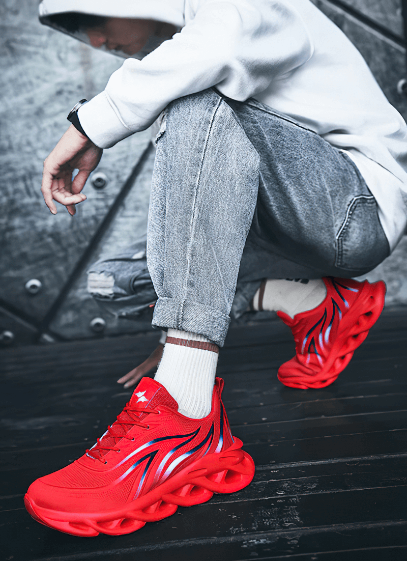 Red flame printed lace-up sneakers with breathable mesh, EVA insole for shock absorption. Perfect for outdoor sports and active lifestyle.