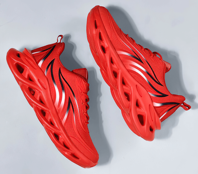 Men's flame printed lace-up sneakers in vibrant red, featuring breathable mesh, durable rubber, and shock-absorbing EVA insole.