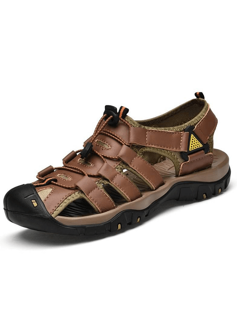 Men's leather lightweight sandals with elastic straps and rubber outsole, designed for outdoor and beach activities, model SF0653.